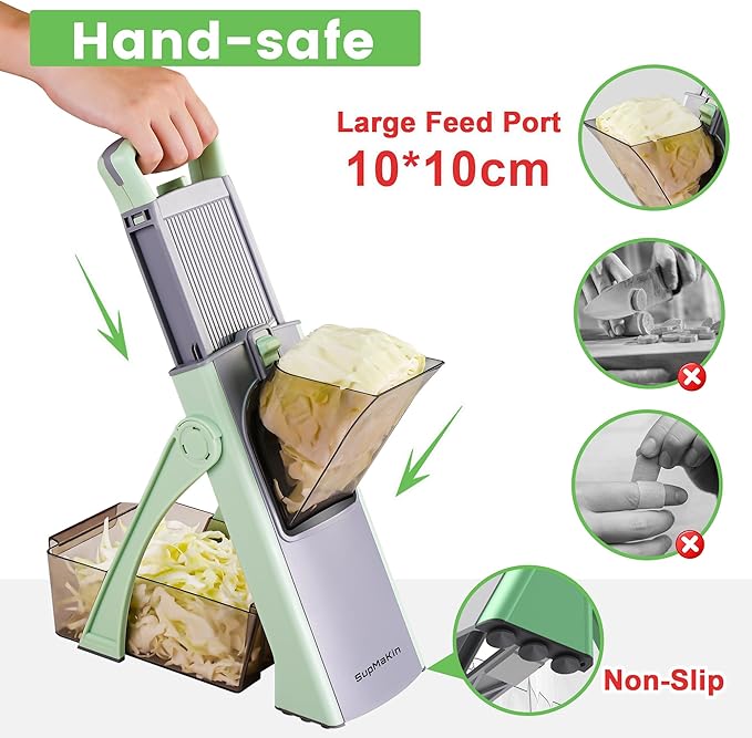 SUPMAKIN Safe Mandoline Slicer, Adjustable Vegetable Food Slicer and Chopper, Potato Fries Fry Cutter, Veggie Salad Chopper, New Kitchen Chopping Artifact Gifts 2024 (MC Green)