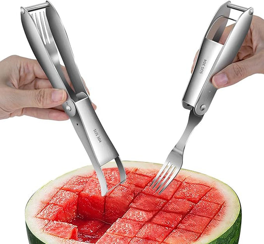 CripsTaste 2 Pack Watermelon Cutter with Retractable Fork, 2-in-1 Stainless Steel Fruit Cutter Watermelon Cutter Slicer Tool, Melon Slicer Cutter Tool for Home Party Camping Kitchen Gadget