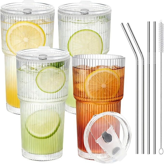 HIGIINC 20 oz Glass Tumbler with Straw and Lid Set of 4, Iced Coffee Cups with Lids and Straws,Clear Ribbed Glass Cups Reusable to Go Coffee Tumbler for Matcha, Smoothie, Cocktail,Latte
