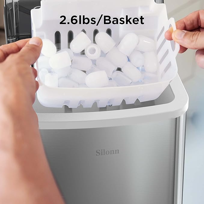 Silonn Countertop Ice Maker Machine, 9 Ice Cubes Ready in 6 Mins, 26 lbs/24 Hrs, Self-Cleaning Portable Ice Maker with Scoop & Basket, 2 Bullet Ice Sizes for Home, Kitchen, Office, Bar, Party