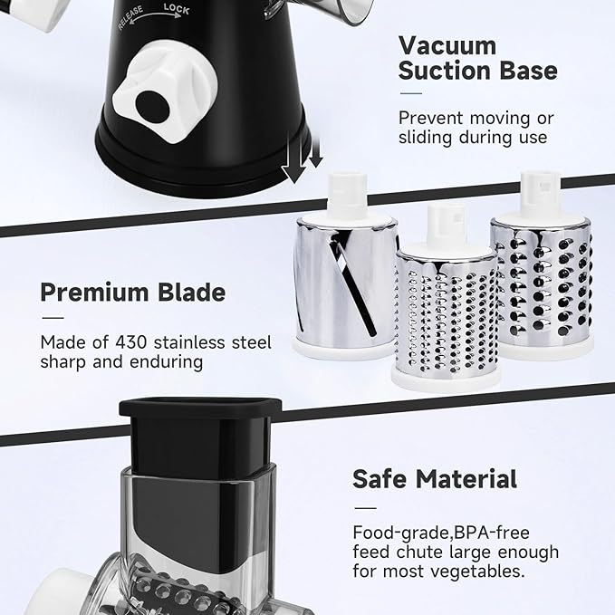 Rotary Cheese Grater with Handle, Kitchen Mandoline Vegetable Slicer with 3 Interchangeable Blades & Strong Suction Base, Easy to Clean Grater for Vegetables, Fruit, Nuts, Black