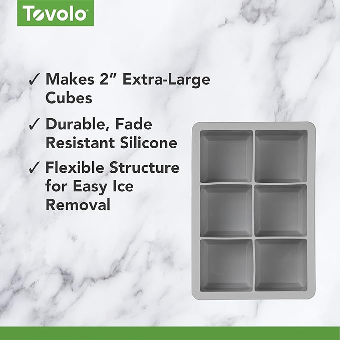 Tovolo Large 2” King Cube Ice Tray Oyster Gray Ice Cube Trays for Whiskey Cocktails Smoothies, Big Square Ice Cube Mold Silicone Freezer Tray for Perfect Rock Cubes BPA Free Dishwasher Safe