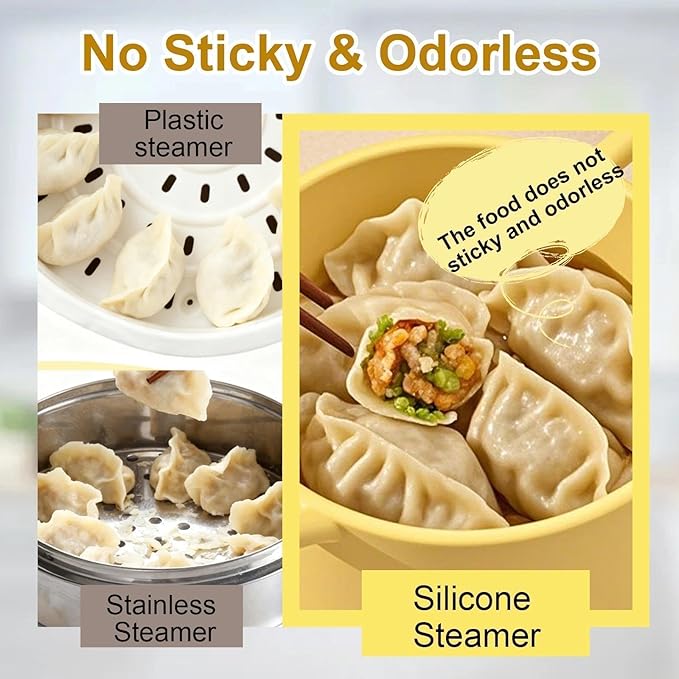 Silicone Microwave Steamer for Cooking, Yellow Vegetable Steamer, 40oz Microwave Bowls with Lids & Handles for Egg Dumpling Heating Food for 1 to 2 people, Easy Clean, Dishwasher Safe