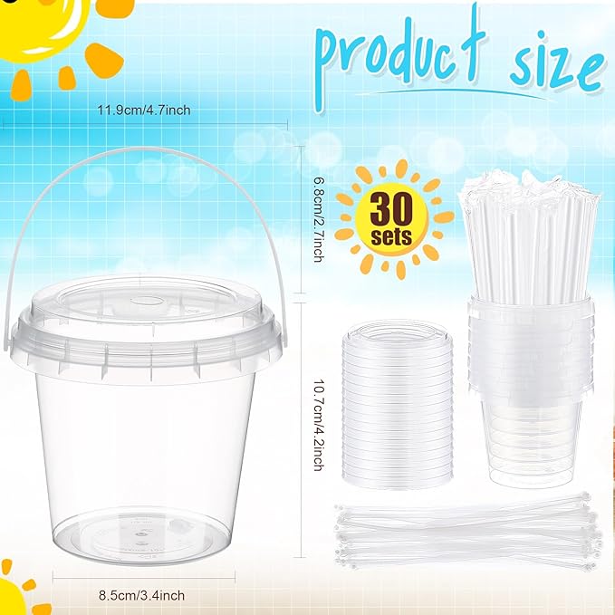 Funnymoom 30 Set Strawberry Clear Plastic Cups with Lids & Straws 24oz Disposable Rum Drink Buckets Bulk for Cocktail Parties with Handles & Stickers for Holiday Birthday Beach Pool Party Supplies