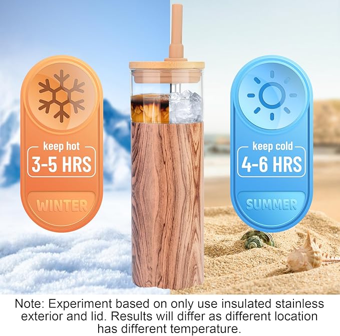 Tronco 20 oz Vacuum Insulated Glass Tumbler with Lid and Straw - Keeps Drinks Cold for 12 Hrs - Reusable Glass Cup for Iced Coffee, Smoothies & Boba - Sweat & BPA Free, Dishwasher Safe, Fit Car Holder