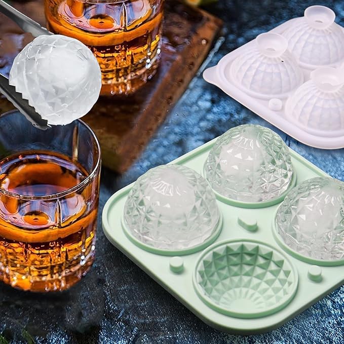 Prism Crystal Ball Ice Mold, Large Sphere Silicone Round Ice Mold, Fun Shapes Ice Cube Tray with Clear Funnel-type Lid, Make 4 Disco Ball Ice Cubes for Whiskey Cocktails and Juice, Green
