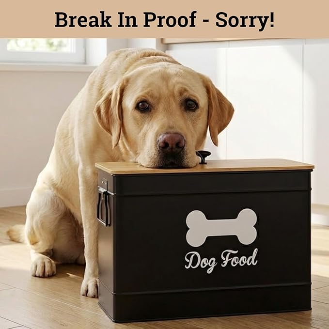 Dog Food Container Airtight 15 lb (50 Cup) Capacity with Metal Scoop - Cute Airtight Dog Food Storage Container with Bamboo Lid - Black Metal Kibble Storage Bin for Dogs up to 100 lbs - Big Pet Jar