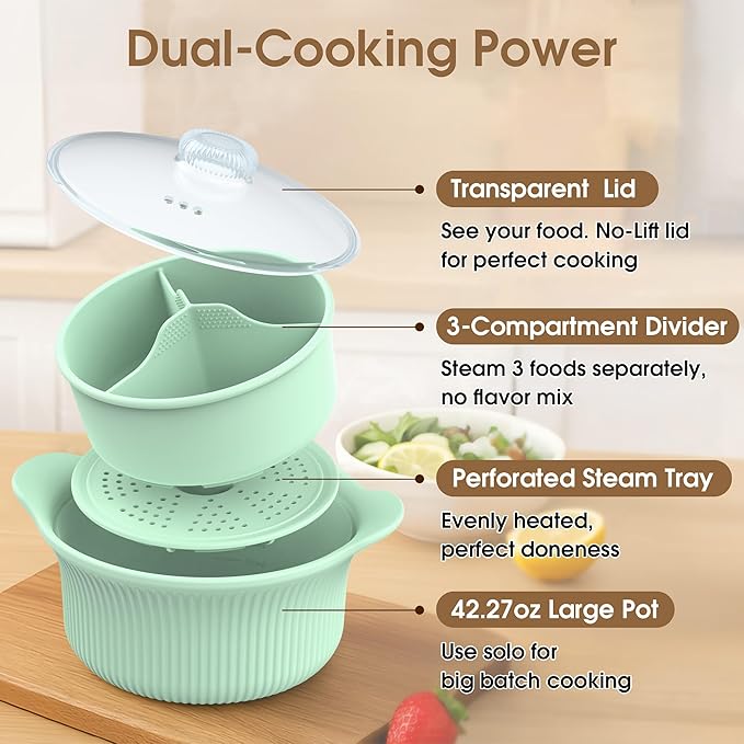 42oz Microwave Silicone Steamer 3 Compartmented, 4 in 1 Large Microwave Pot with Handle & Lid for Vegetables/Baby Food, Oven & Dishwasher Safe, Easy Clean,100% Food Grade Steamer Bowl (Green)