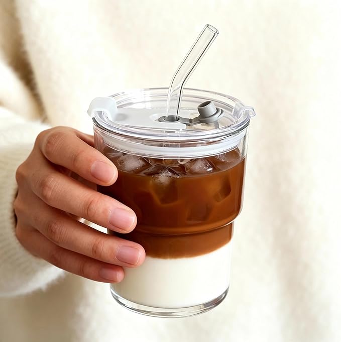 Glass Tumbler with Lid and Straws, Resuable Ice Coffee Cups, Thickened Drinking Glass to Go Cups for Water, Smoothie, Matcha, Iced Tea Fruit Juice, Cold Beverage, Clear, 13oz, Set of 2