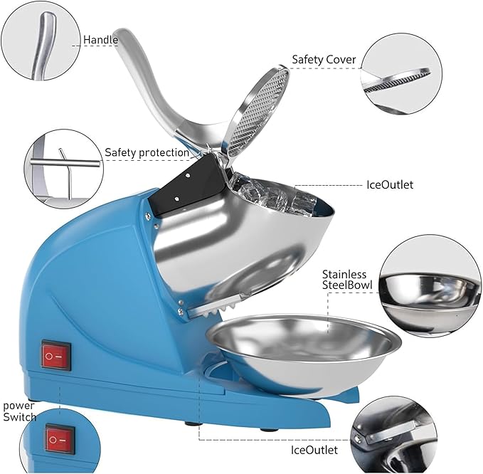 Shaved Ice Machine, Electric 3 Blade Snow Cone Machine, 380W Crusher Ice Maker, 286 lb/hr Ice Crusher, Commercial and Home Ice Crusher (Blue)