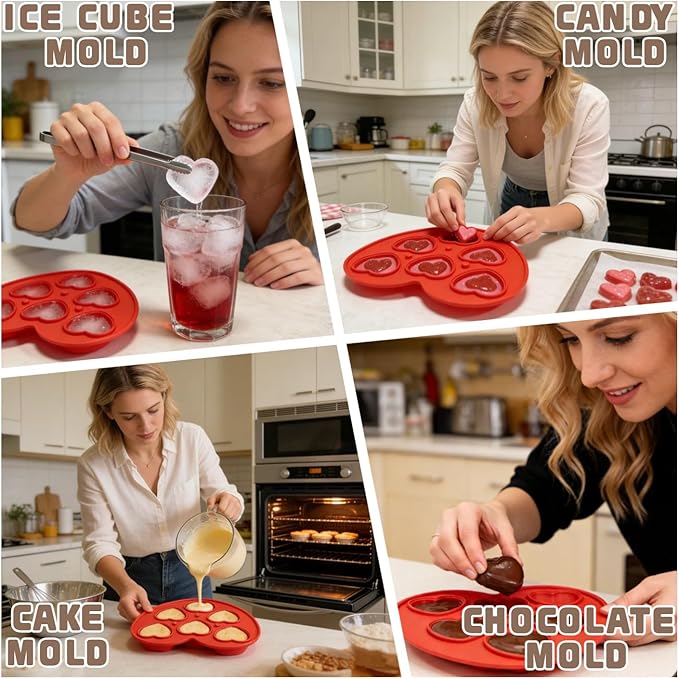 2 Pack Heart-Shaped Ice Cube Trays - 6 Holes Silicone Ice Cube Tray, Love Heart Shape Ice Cube Mold for Chilling Whiskey Cocktails Drinks Beverages Iced Tea & Coffee (red)