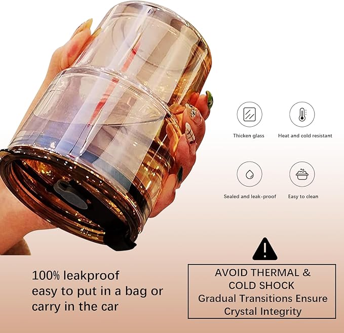 BLUEPOLAR 13oz/400ml Glass Water Tumbler with Straw and Lid Sealed Carry On Thick Wall Iced Coffee Cup Glass Cup for Water, Iced Tea Fruit Juice Etc (Amber-4Pack)