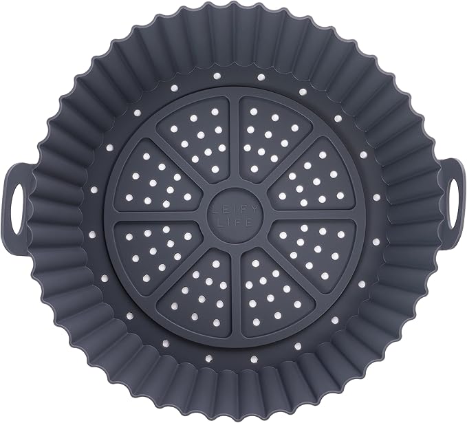 2 Pack Silicone Round Air Fryer Basket Liner Tray With Handles & Holes, 360° Circulation, Washable, Food Safe, BPA Free, Replace Parchment Paper, Easy Cleaning (Gray & Yellow, >6.8QT)