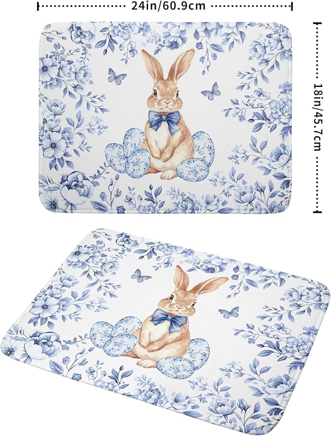 Easter Large Dish Drying Mat Blue Flower Rabbit Holiday Decorative Kitchen Countertop Mats 18x24