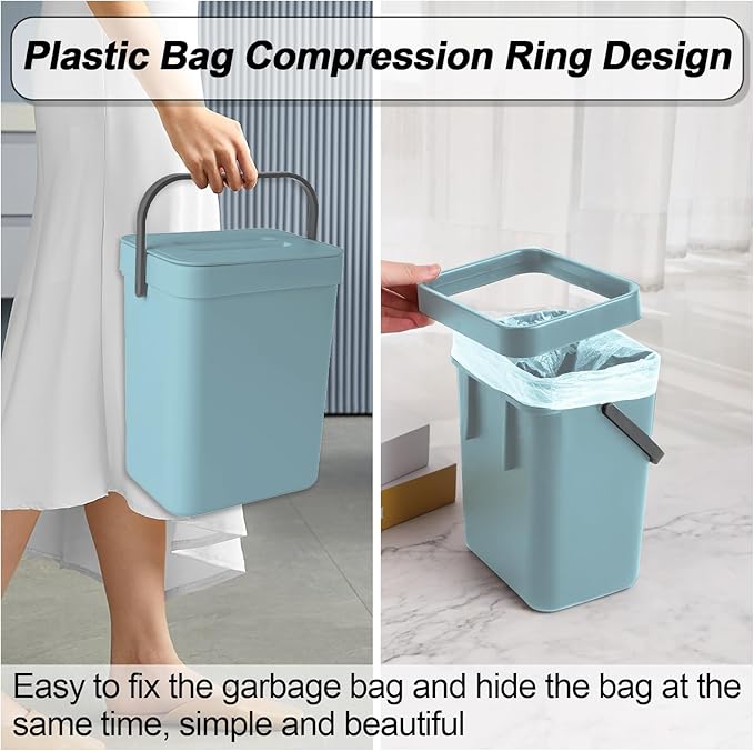 Compost Bin Kitchen, for use on Countertops or Under Sinks, Hanging Trash Can with Lid, for Cupboard/Bathroom/Bedroom/Office/Camping, Mountable Indoor Compost Bucket(Blue 1.3 Gallon/5L)