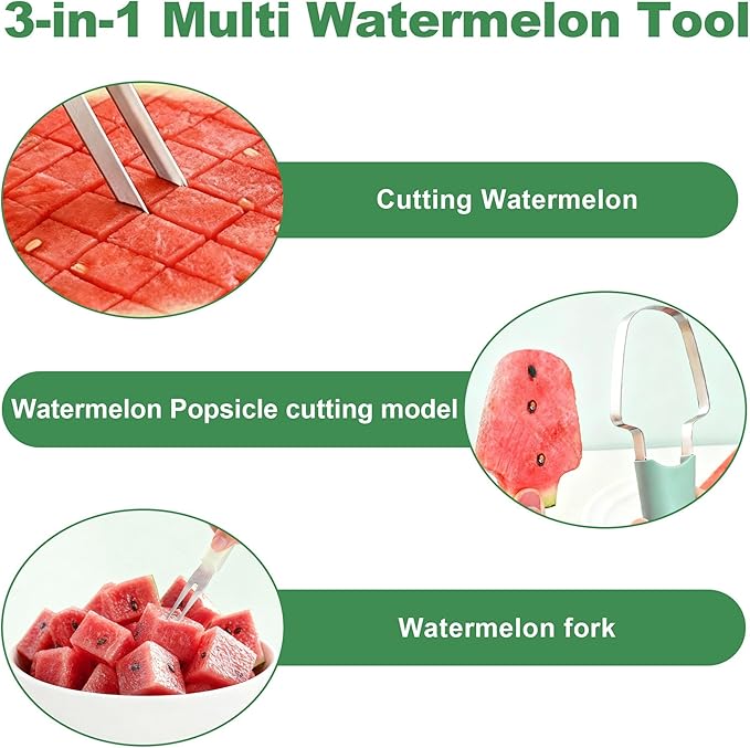 Watermelon Cutter Slicer Tool 3 in 1, Stainless Steel Melon Slicer & Fruit Cutter for Watermelon, Cantaloupe, Mango, Kitchen Gadget for Family, Camping, Picnic