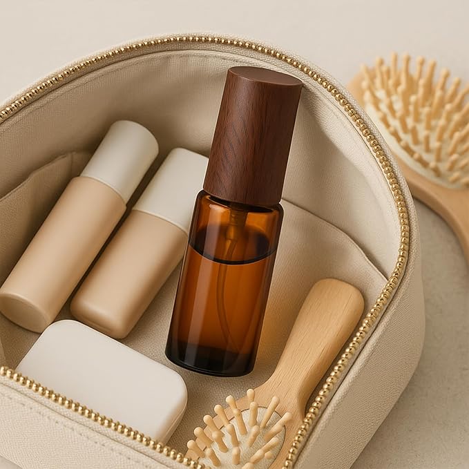 4Pcs 30ml Amber Glass Spray Bottles with Wood Grain Plastic Caps Refillable Fine Mist Atomizer Empty Travel Perfume Bottle for Essential Oils, Skincare, DIY Scents