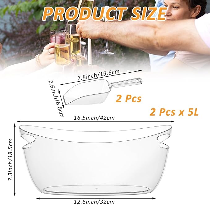 2 PCS Clear Ice Bucket Set - 5L Ice Buckets for Parties with Ice Bucket Scoop, Champagne Beer Tub Wine Beverage Bucket for Cocktail Bar, Parties, and Events