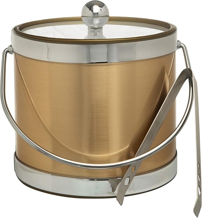 Made In USA Metallic Deco Collection Double Walled Insulated Ice Bucket With Ice Tongs (3-Quart, Gold & Silver)