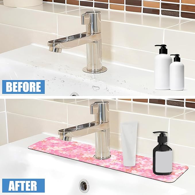 Sink Faucet Absorbing Mat Cherry Spring Flower Sink Splash Guard Drying Mat for Kitchen Bathroom Faucet Sinkmat 23.5"X5.5"