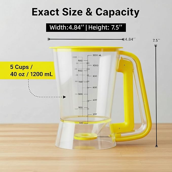 Pancake Batter Dispenser 5-Cup Batter Pourer for Maker Pancakes, Waffles, Crepes, Muffins, Cupcakes, Easy Squeeze Grip Handle with Proof Nozzle, Precise Baking Tools（Yellow）