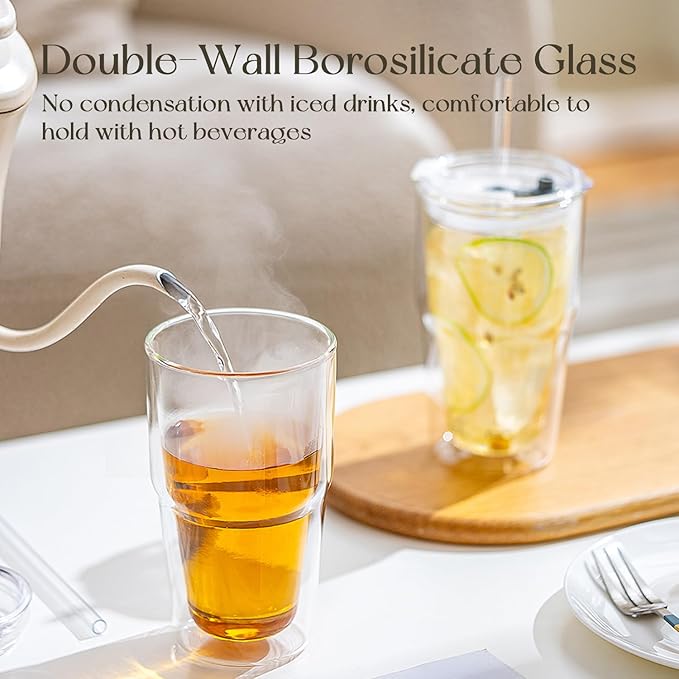 KEMORELA 16oz Clear Glass tumbler with Lids and Straws 2pcs,Double Wall Iced Coffee Cups with Lids,Coffee Bar Accessories, Insulated Borosilicate Glass Tumblers, To Go Coffee Cups, Spill proof