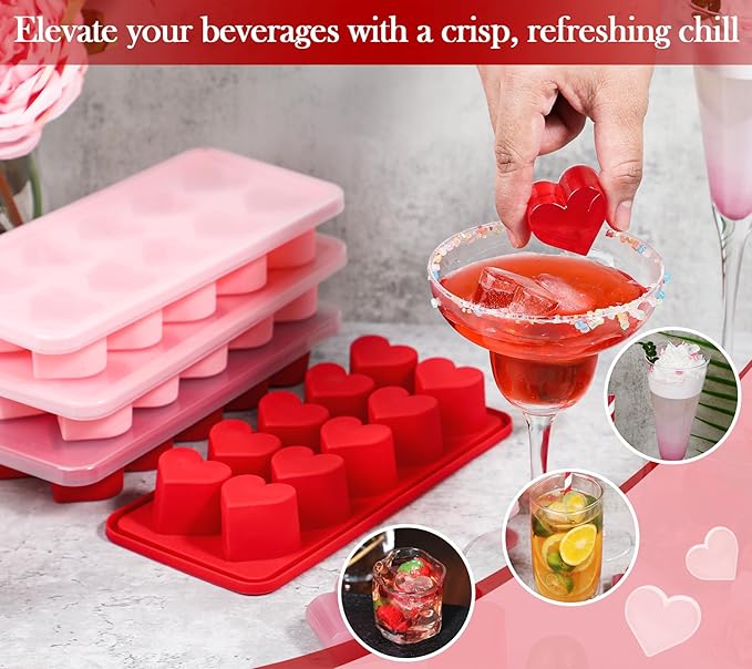 Webake 4-Pack Heart Ice Cube Trays with Lids, Silicone Valentine’s Heart-Shaped Molds for Chilling Whisky, Cocktails & Beverages, Also Ideal for Making Chocolate, Soap & Wax Melts