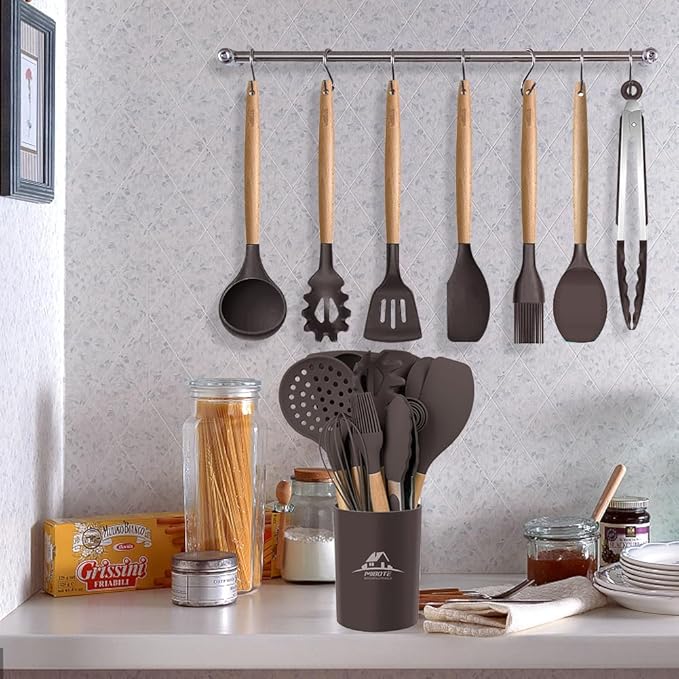 MIBOTE Silicone Cooking Kitchen Utensils Set with Holder, Wooden Handles BPA Free Non Toxic Silicone Turner Tongs Spatula Spoon Kitchen Gadgets Utensil Set for Nonstick Cookware (Coffee)