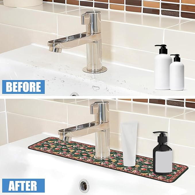 Sink Faucet Absorbing Mat Colorful Flowers Sink Splash Guard Drying Mat for Kitchen Bathroom Faucet Sinkmat 23.5"X5.5"