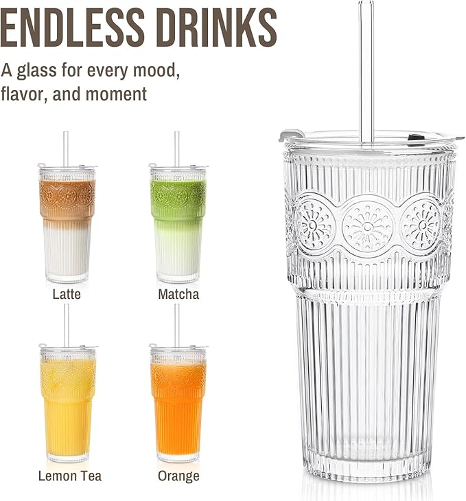 SoulTimes 20oz Ribbed & Floral Glass Tumbler Set of 4 – Reusable Glass Cups with Lid and Glass Straw, To-Go Iced Coffee Cups for Water, Smoothie, Milk, Cocktail & More – Perfect for Daily Use & Travel