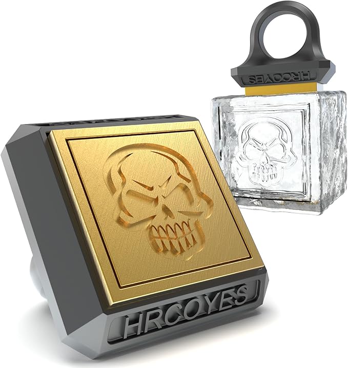 Square Ice Stamp Ring – 3 mm Brass Personalized Cube & Sphere Press, Ready-to-Gift Clear Acrylic Christmas Box, Custom Letter/Pattern Imprint for Whiskey & Cocktails (Skull)