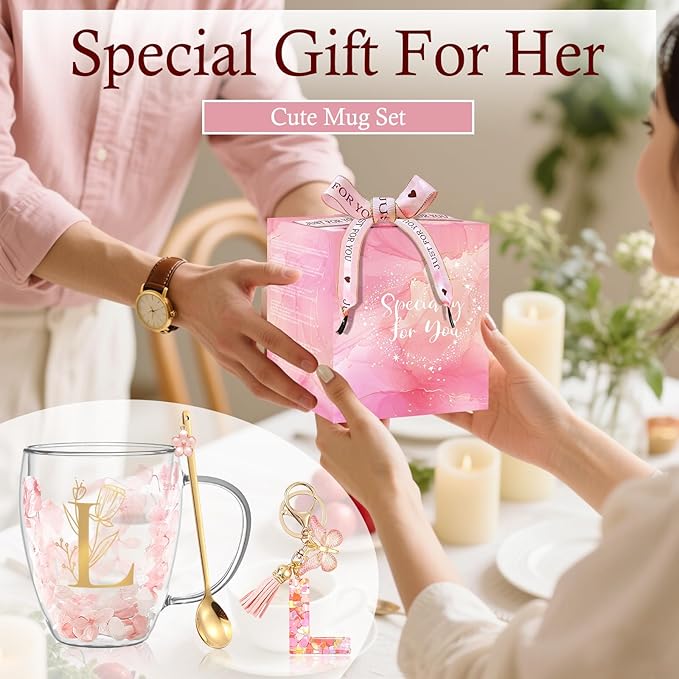 Personalized Gifts for Women Flower Double Wall Cute Novelty Monogrammed Glass Coffee Mug Tea Cup with Spoon Customized Wedding Favors Unique Christmas Birthday Gifts for Bride Wife Friends Sisters(L)