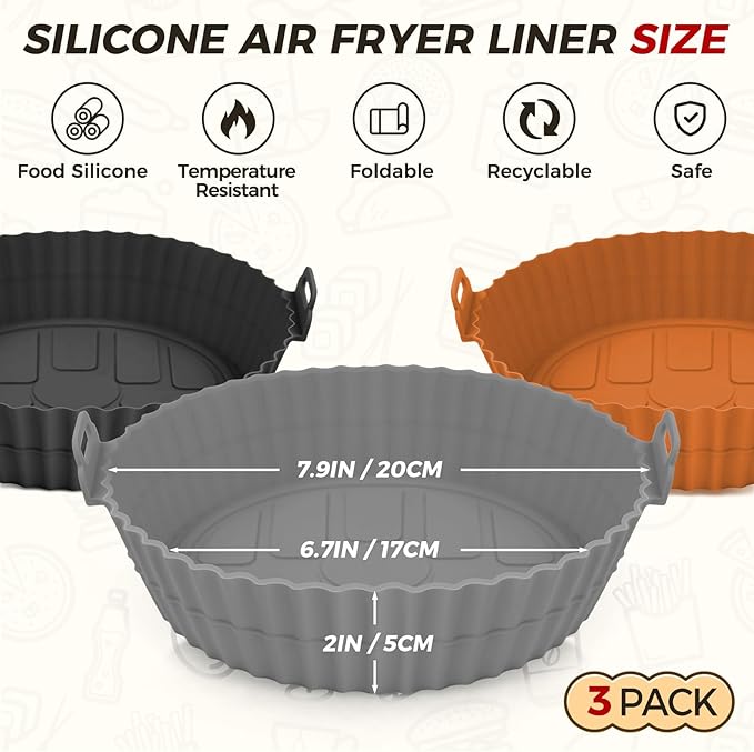 Buauty 3 Pack Air Fryer Silicone Liners 8inch Air Fryer Pot Reusable Food Grade Silicone Airfryer Liners Baking Basket Accessories Replacement of Flammable Disposable Parchment Paper
