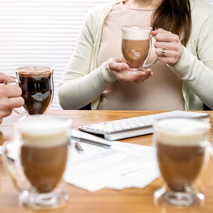 Kitchen Kite Double Wall Glass Coffee Mugs 11oz Set of 4, Insulated Borosilicate Glass Coffee Cups with Handle - Dishwasher & Microwave Safe Clear Mugs for Cappuccino, Latte, Espresso, Tea