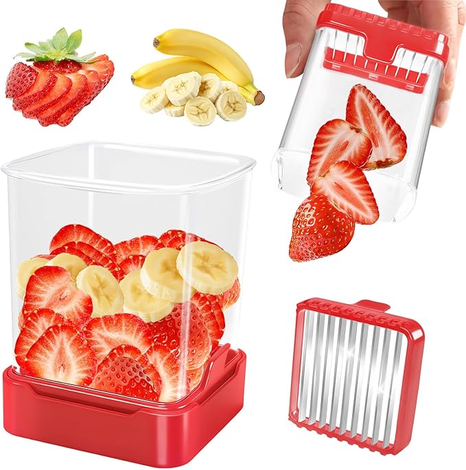 3-in-1 Strawberry Banana Egg Slicer Cup | Detachable Fruit Cutter with Push Plate for Effortlessly Safe Slicing | Quick Meal Prep & Snacks Kitchen Gadget (Red)