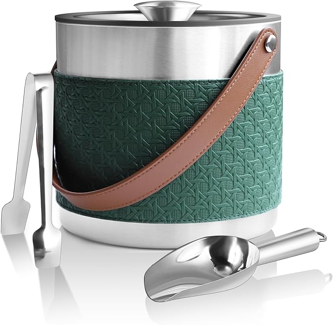 Bakpoco Insulated Ice Bucket with Lid, Scoop, Ice Tongs & Detachable Double-Sided PU Cover– 3L Double-Wall Stainless Steel Ice Buckets for Parties, Cocktail Ba, Champagne & Bar Cart Accessories