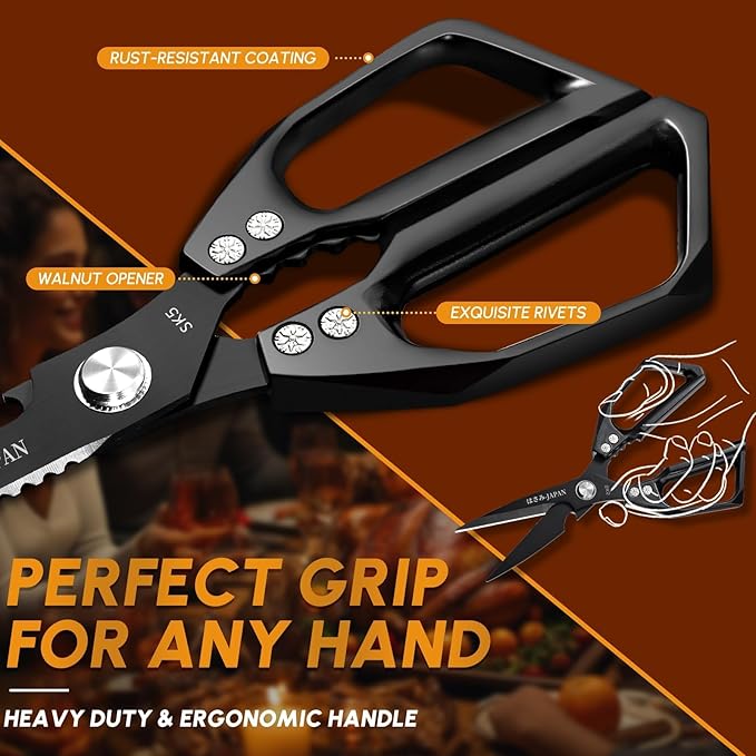 Huusk Kitchen Shears Set Black - Professional Seafood & Kitchen Scissors Set, Sharp Japanese-Style Meat Scissor for Crab, Shrimp, Lobster, Herbs and Food Prep, Christmas Gifts for Men Women