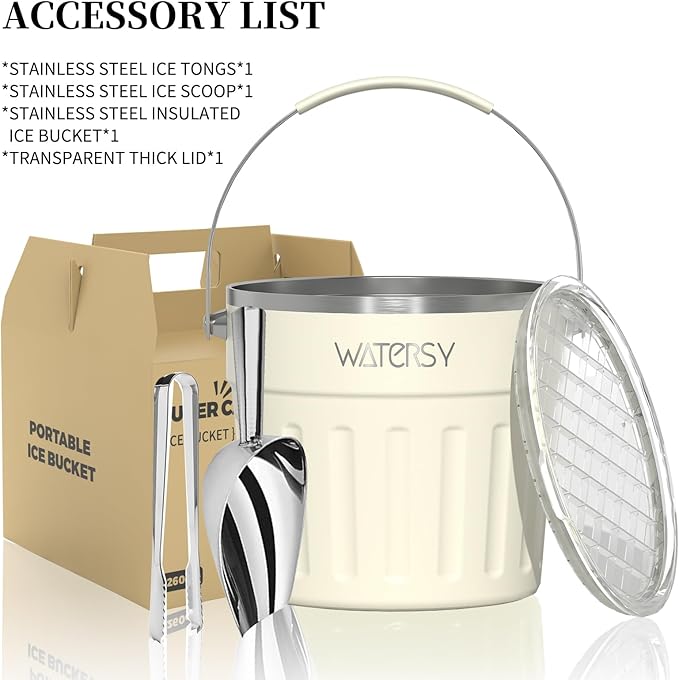 WATERSY Insulated Ice Bucket（8 Quart / 7.6 L） with Lid, Scoop, Ice Tong，Wall Vacuum Stainless Steel, Beige
