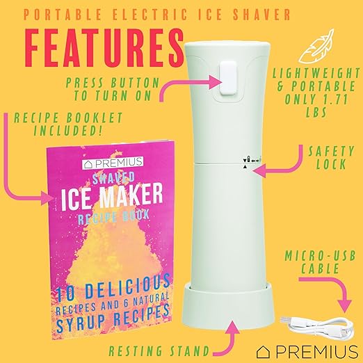 Cordless Shaved Ice Maker By PREMIUS – Lightweight, Rechargeable, Bonus Recipe Book, Resting Stand – Caribbean Shaved Ice! USB Cord Included – Up to 40 Snow Cones Per Charge! No Molds Needed! (Mint)