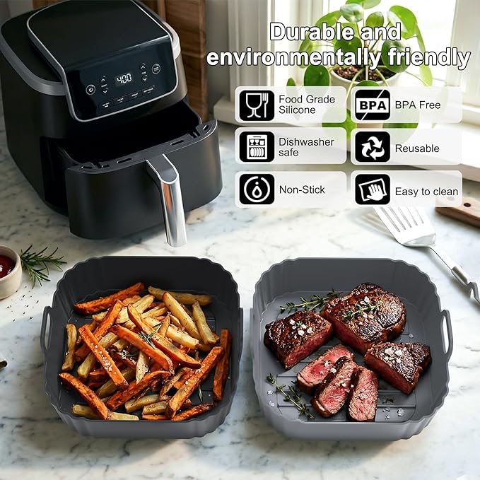 Square Silicone Air Fryer Liners 2 Pack, 8.5 Inch Reusable Air Fryer Liners for 5–6.5QT, Compatible with Ninja AF141/AF181, COSORI, Non-Stick Silicone Basket Accessories