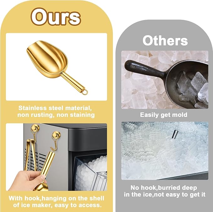 Stainless Steel Ice Scoop for Freezer with Magnetic Hook - Ice Scoop for GE Profile Opal 2.0 Nugget Ice Maker, for Kitchen Bar Party Accessories (6OZ- Gold)
