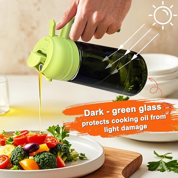 mqnxoi Oil Sprayer for Cooking, 2 in 1 Olive Oil Dispenser Bottle for Kitchen, 16oz/470ml Premium Glass, Food-grade Oil Mister for Air Fryer, Salad, Frying, BBQ (Green + Dark Green Bottle)