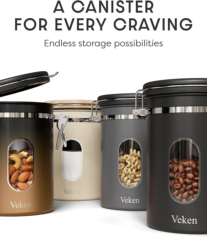 Veken Coffee Sugar Canister with Window, Coffee Lover Gift Set,Airtight Stainless Steel Kitchen Food Storage Container Gifts, Date Tracker & Scoop for Grounds Coffee,Beans,Tea,Flour,Cereal,22OZ,Cream