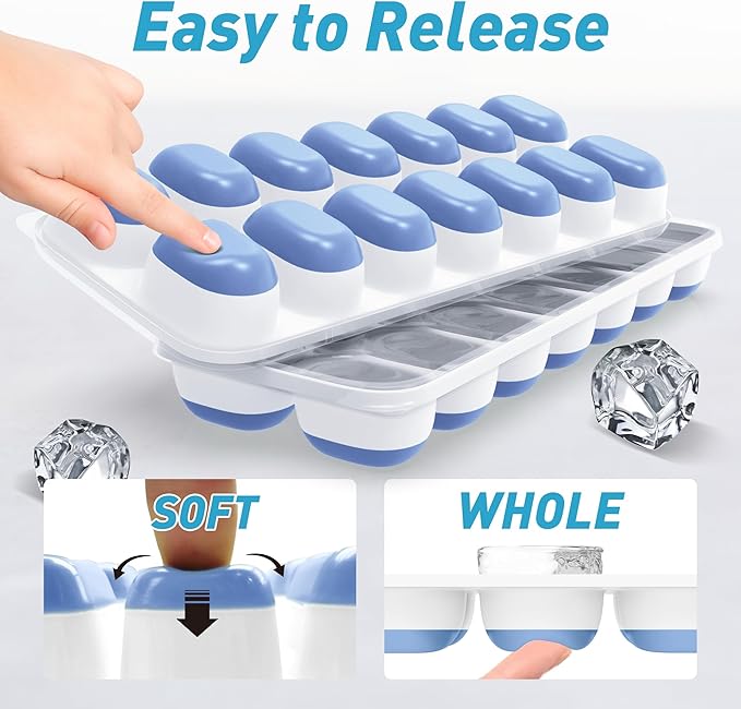 ChefAide Ice Cube Tray with Lid, 4 Packs 56 Cubes Durable Stackable Ice Cube Trays for Freezer with Removable Lids, Easy-Release Plastic & Silicone Ice Tray for Cocktail, Coffee