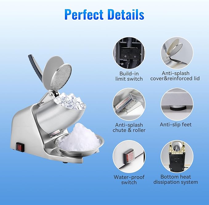 186 lbs/h Dual Blade Ice Shaver Machine, with Extra Blades & Ice Pick, 300W Electric Ice Crusher for Home Use & Commercial, Shaved Ice Machine, ETL-Listed, Silver
