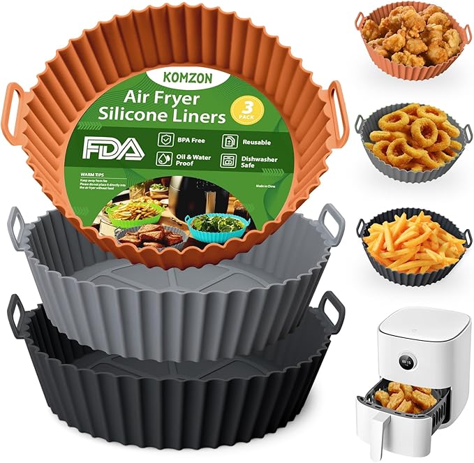 Komzon 3 Pack Air Fryer Silicone Liners, 8Inch Airfryer Liners, Air Fryer Basket Liners, Reusable Food Grade Air Fryer Basket Pots Oven Liner Baking Tray, Air Fryer Silicone Mat Accessories Kitchen
