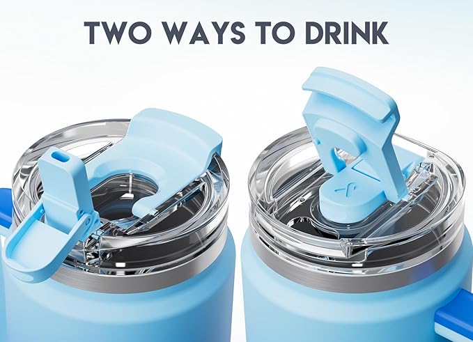Meoky 32 oz Tumbler with Handle, Insulated Tumbler with Lid and Straw, Stainless Steel Travel Mug, Keeps Cold for 24 Hours, 100% Leak Proof, Fits in Car Cup Holder (Sky)