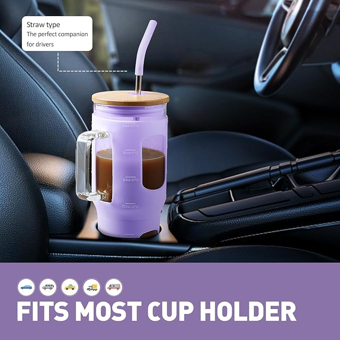WINSA 32 oz Glass Tumbler with Straw and Lid, Glass Water Bottles with Time Marker, Silicone Protective Sleeve - Purple