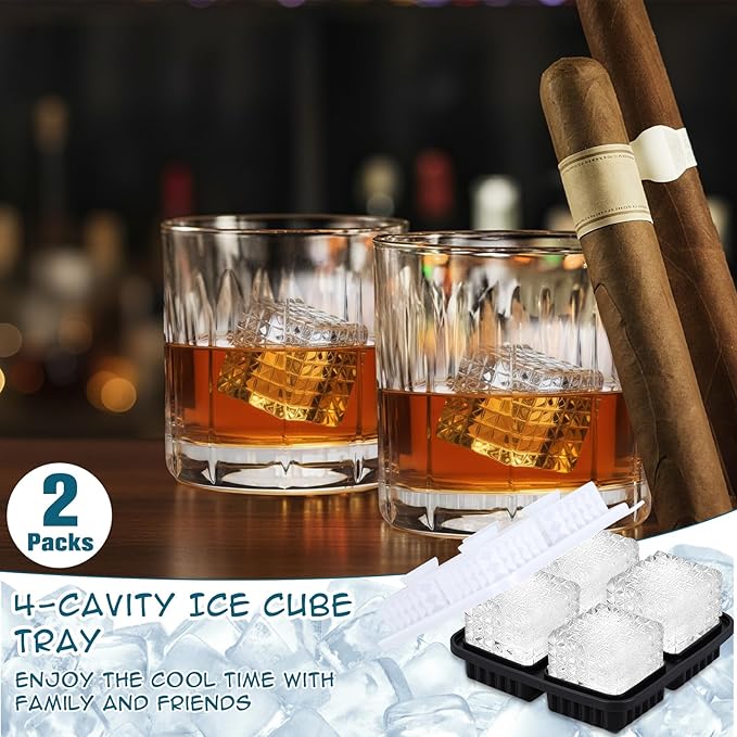 Hoolerry 2 Pcs 3D Square Silicone Ice Cube Tray 2.2" Large Square Cube Mold 4 Hole Fun Shapes Big Mold with Funnel for Whiskey Cocktails Bourbon Chilling