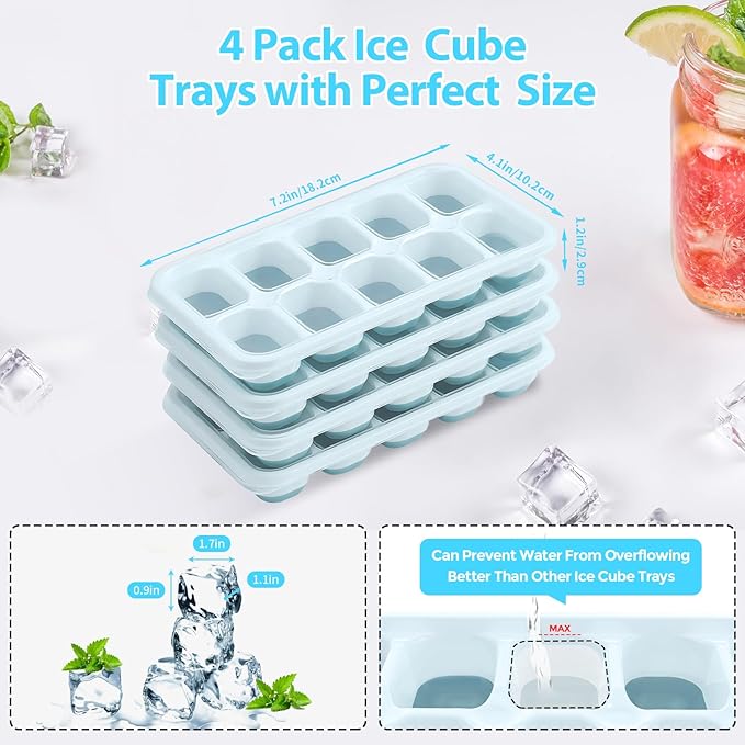 DOQAUS Ice Cube Tray with Lids - 4 Pack Stackable Silicone Ice Trays for Freezer, BPA & LFGB Safe, Easy Release for Kitchen, RV, Cocktail, Coffee, Soup & Food